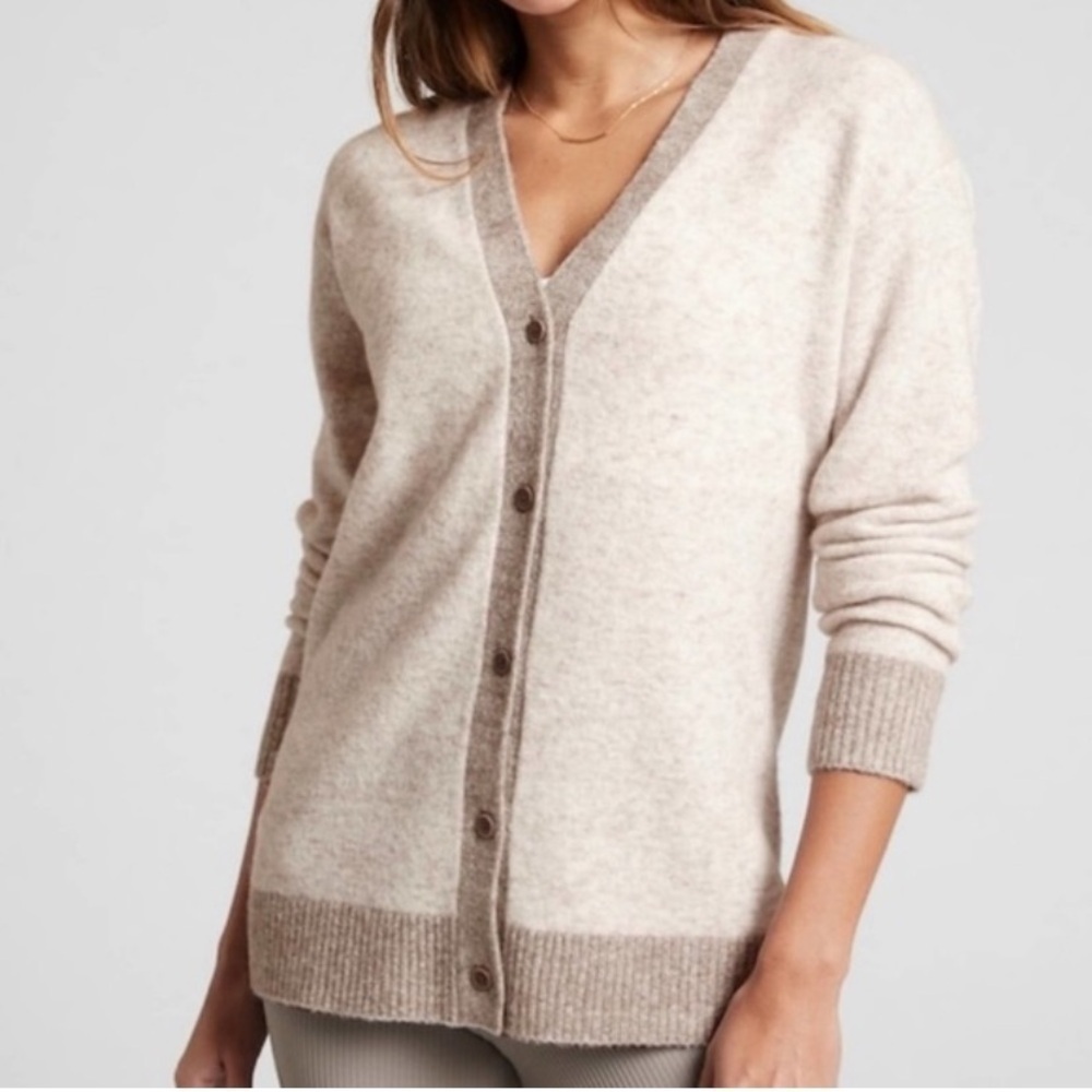 Athleta Westlake Cardigan Sweater Wool Blend Cream/Grey Size XS Button Down